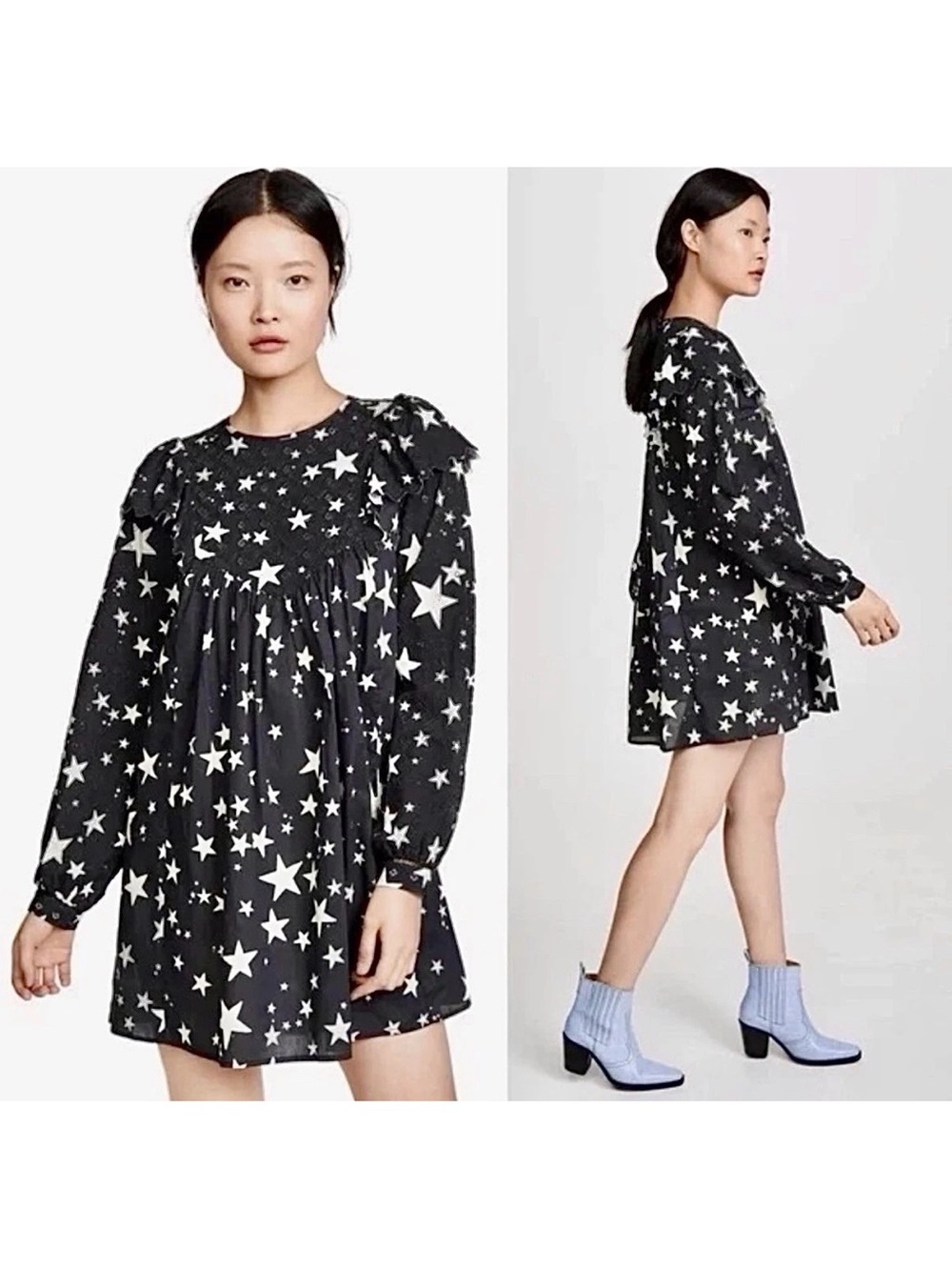 Farm Rio STARDUST Mini Dress Size S Black Stars Ruffles Long Sleeve 100% COTTON